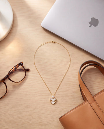 Mother-of-Pearl Gold-Toned Heart CZ Pendant Pearl Necklace