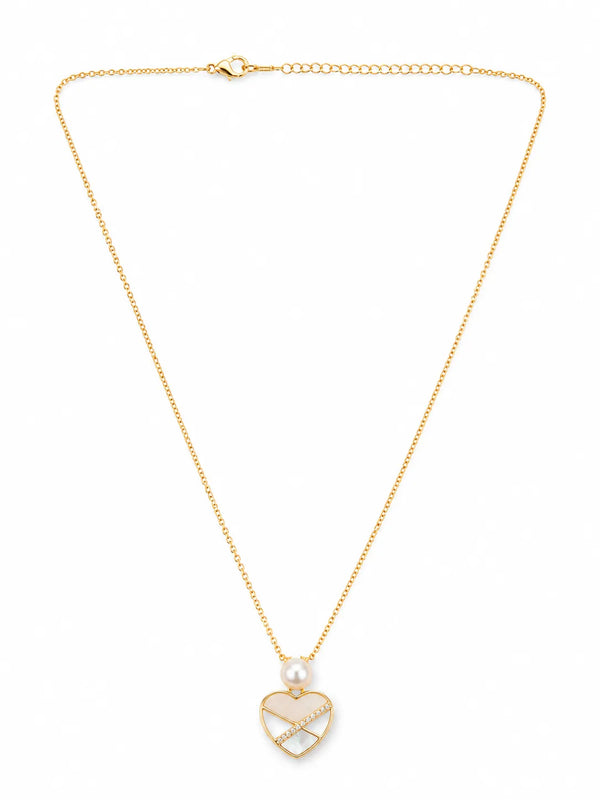 Mother-of-Pearl Gold-Toned Heart CZ Pendant Pearl Necklace