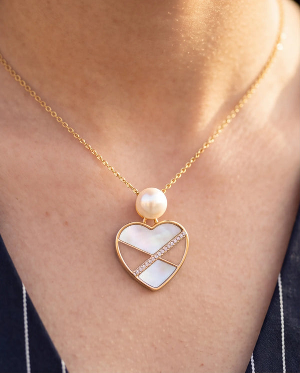 Mother-of-Pearl Gold-Toned Heart CZ Pendant Pearl Necklace