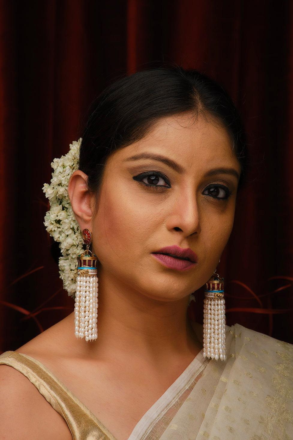 Parul Paisley Floral AD Stone Pearl Jhumka - Chandrani Pearls