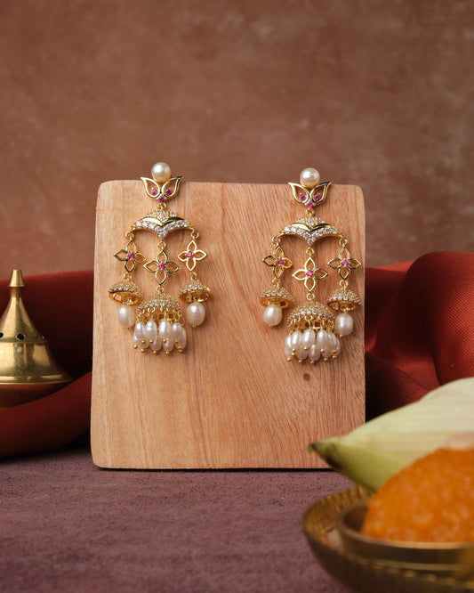 Parul Paisley Floral AD Stone Pearl Jhumka - Chandrani Pearls