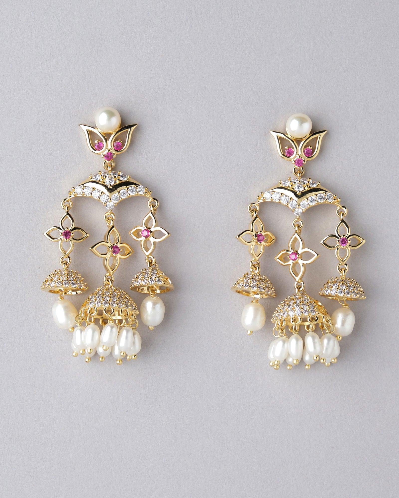 Parul Paisley Floral AD Stone Pearl Jhumka - Chandrani Pearls