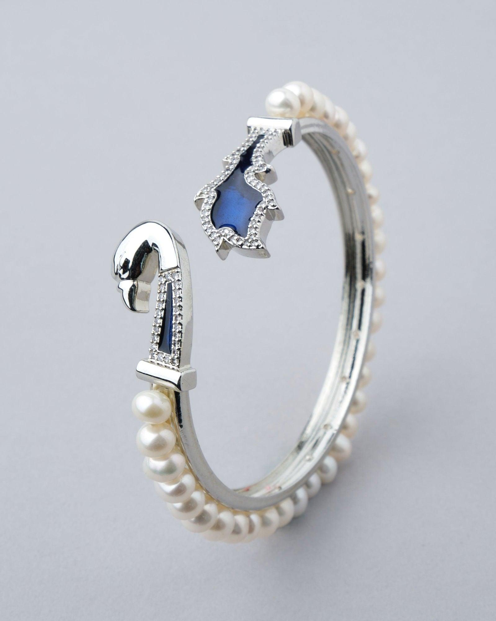 Peacock Enamel Stone Studded Pearl Bangle - Chandrani Pearls