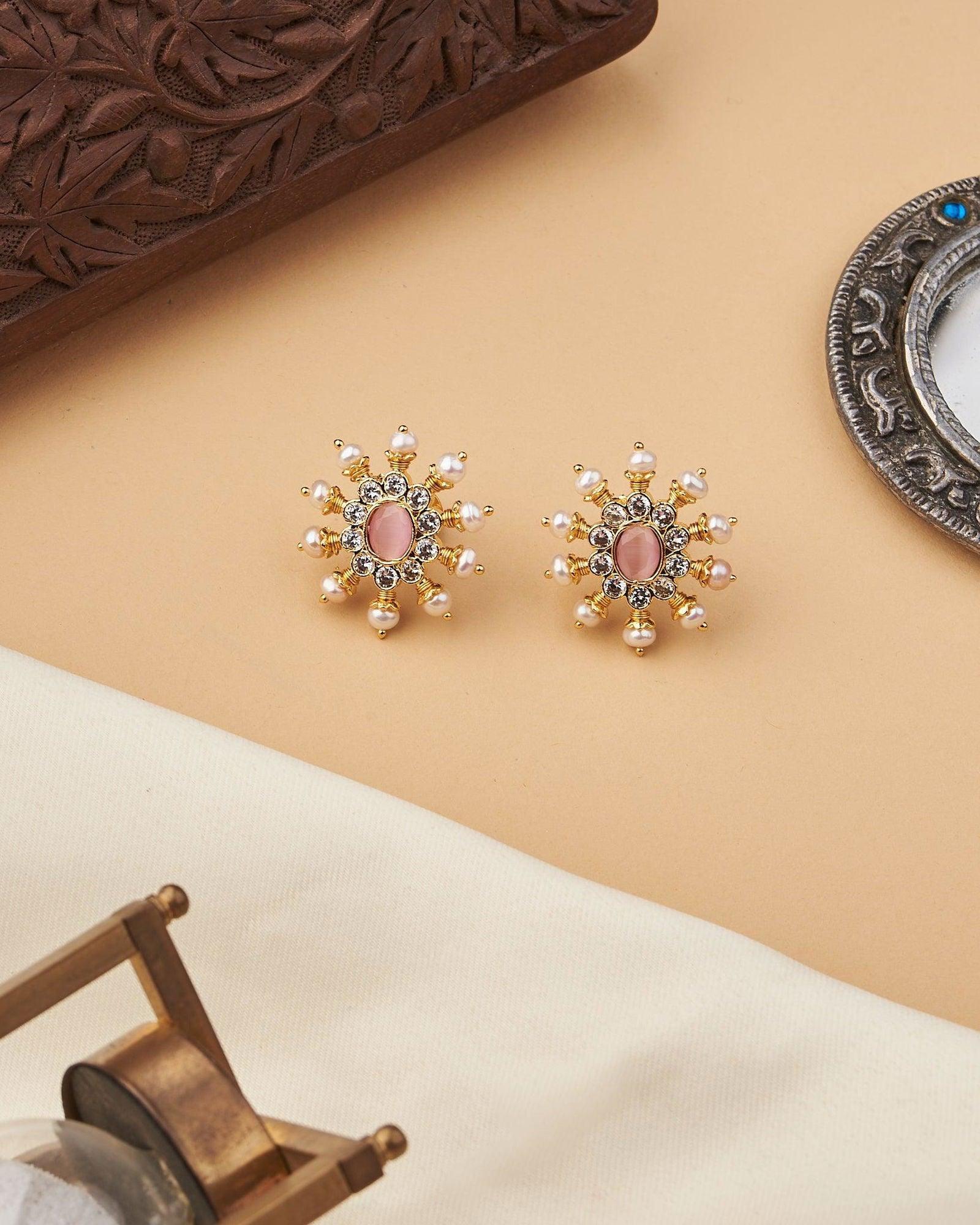 Pink White Sun Spokes Pearl Ear Studs - Chandrani Pearls
