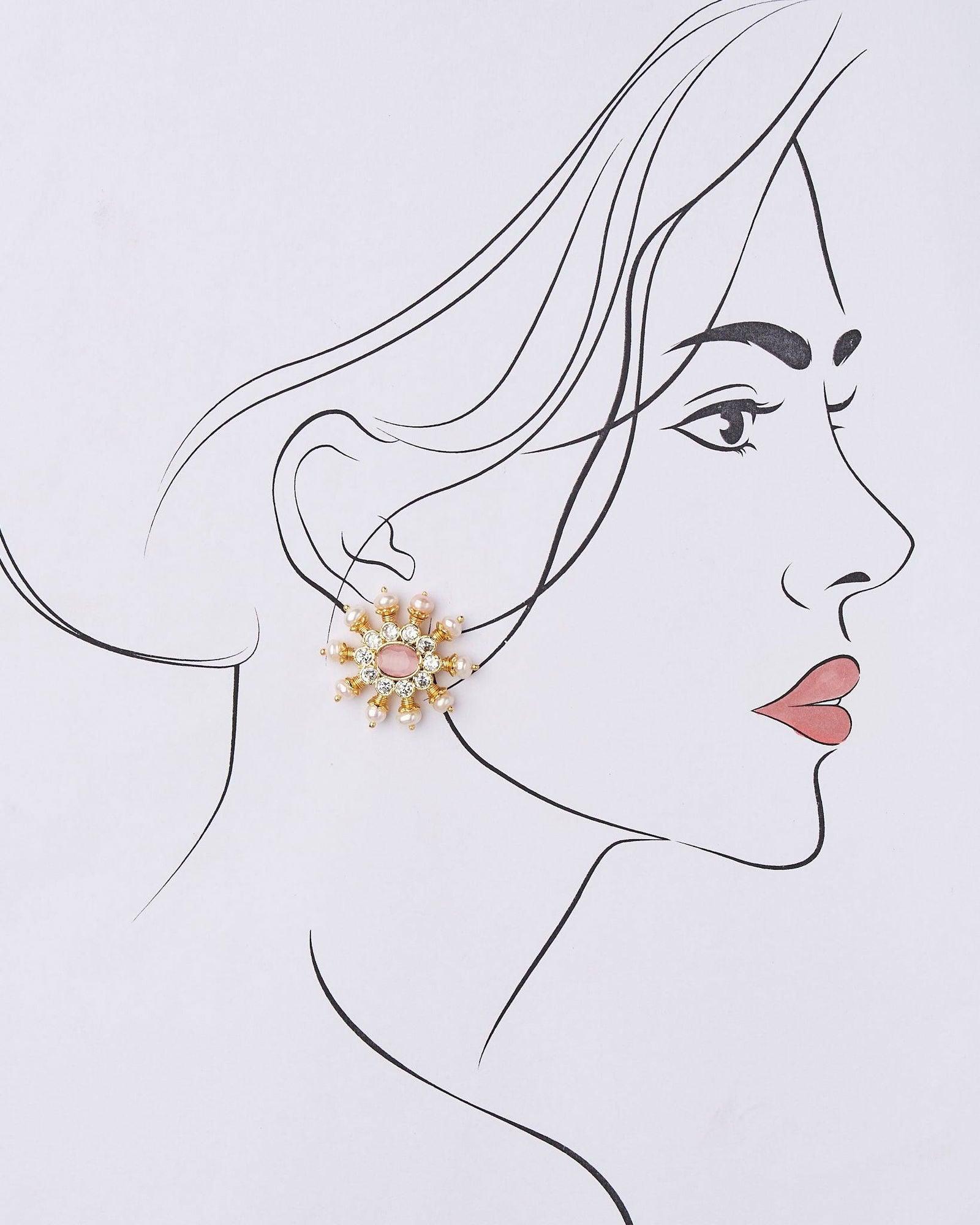 Pink White Sun Spokes Pearl Ear Studs - Chandrani Pearls