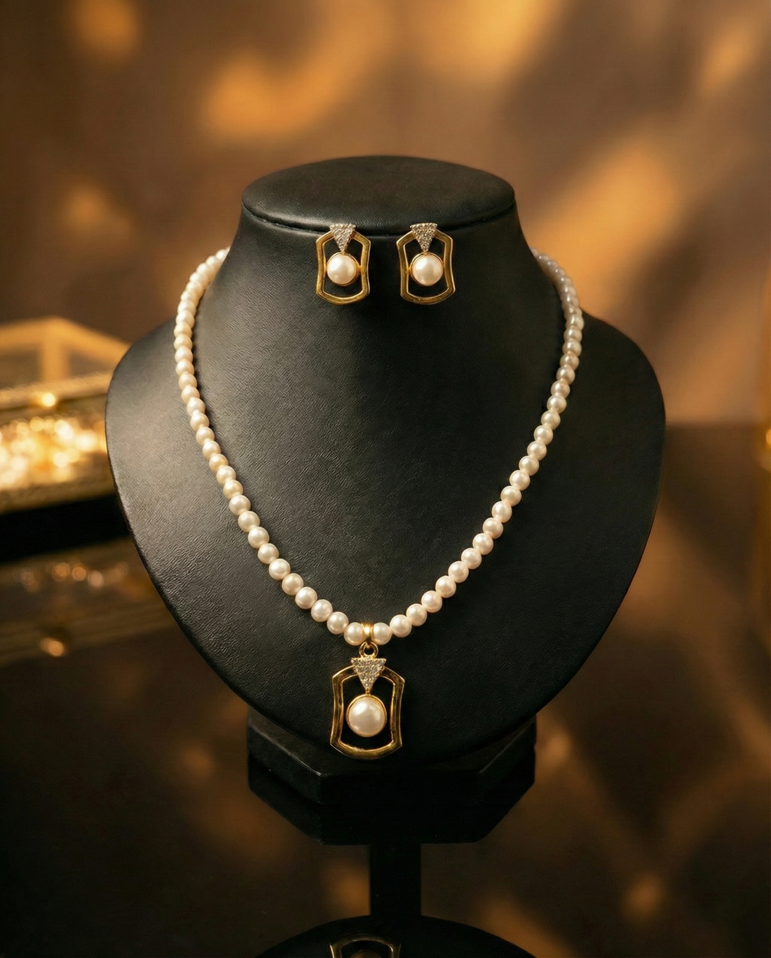 Gold-Plated Modern Geometric Pearl Jewellery Set