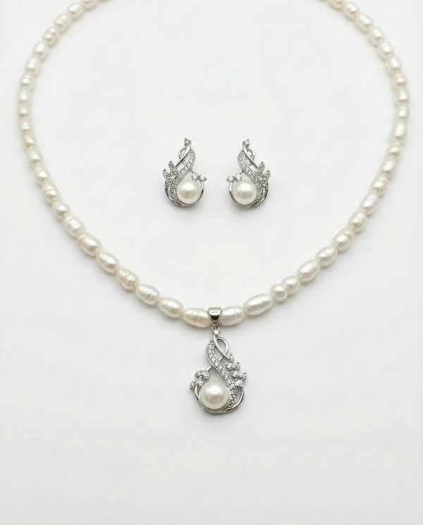 Contemporary Swirl Silver-Tone Ribbon Pearl Jewellery Set