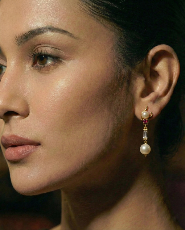 Sleek Ruby and Pearl Dangle Earrings