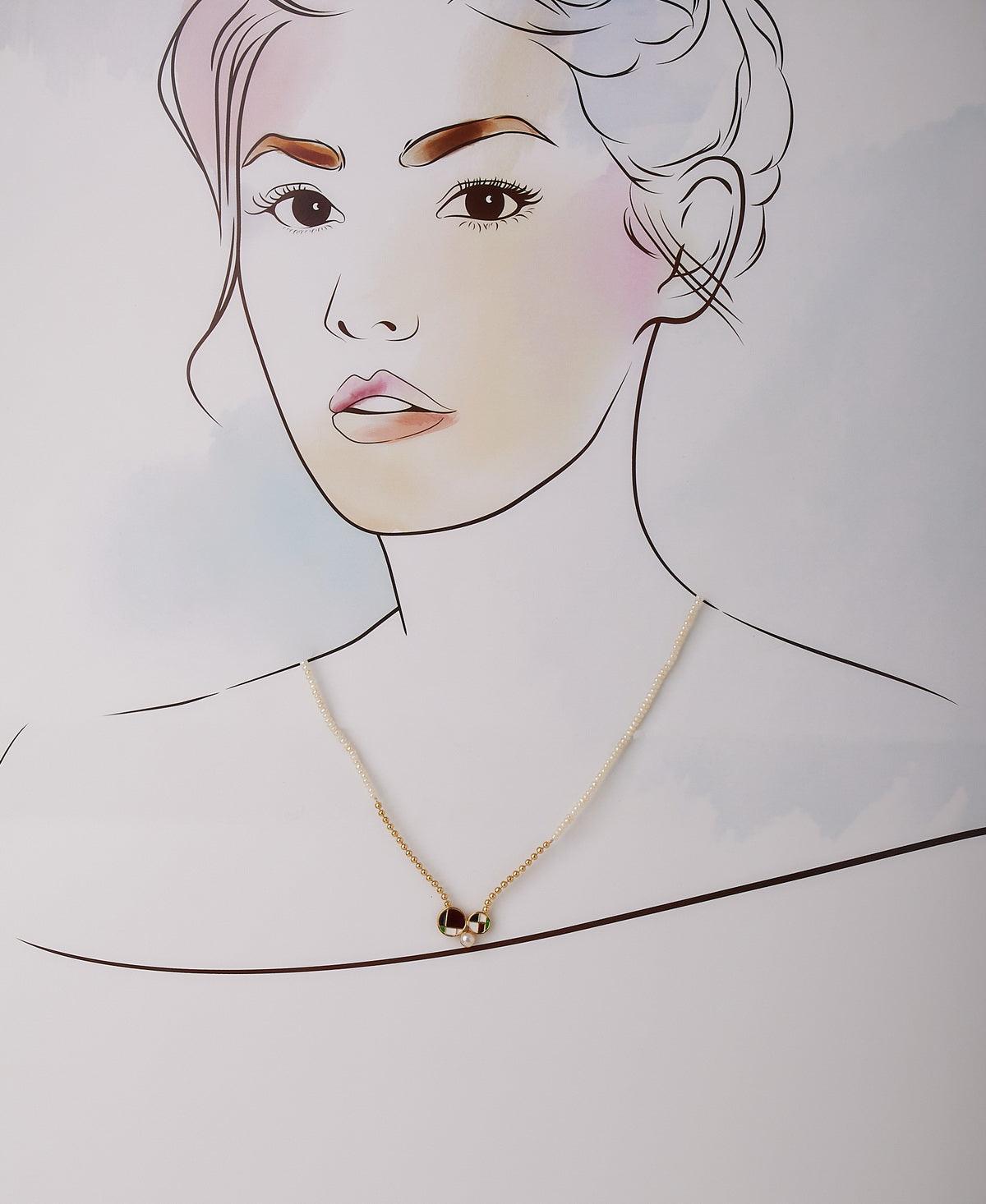 Pretty Real Pearl Necklace with Enamel work Pendant - Chandrani Pearls