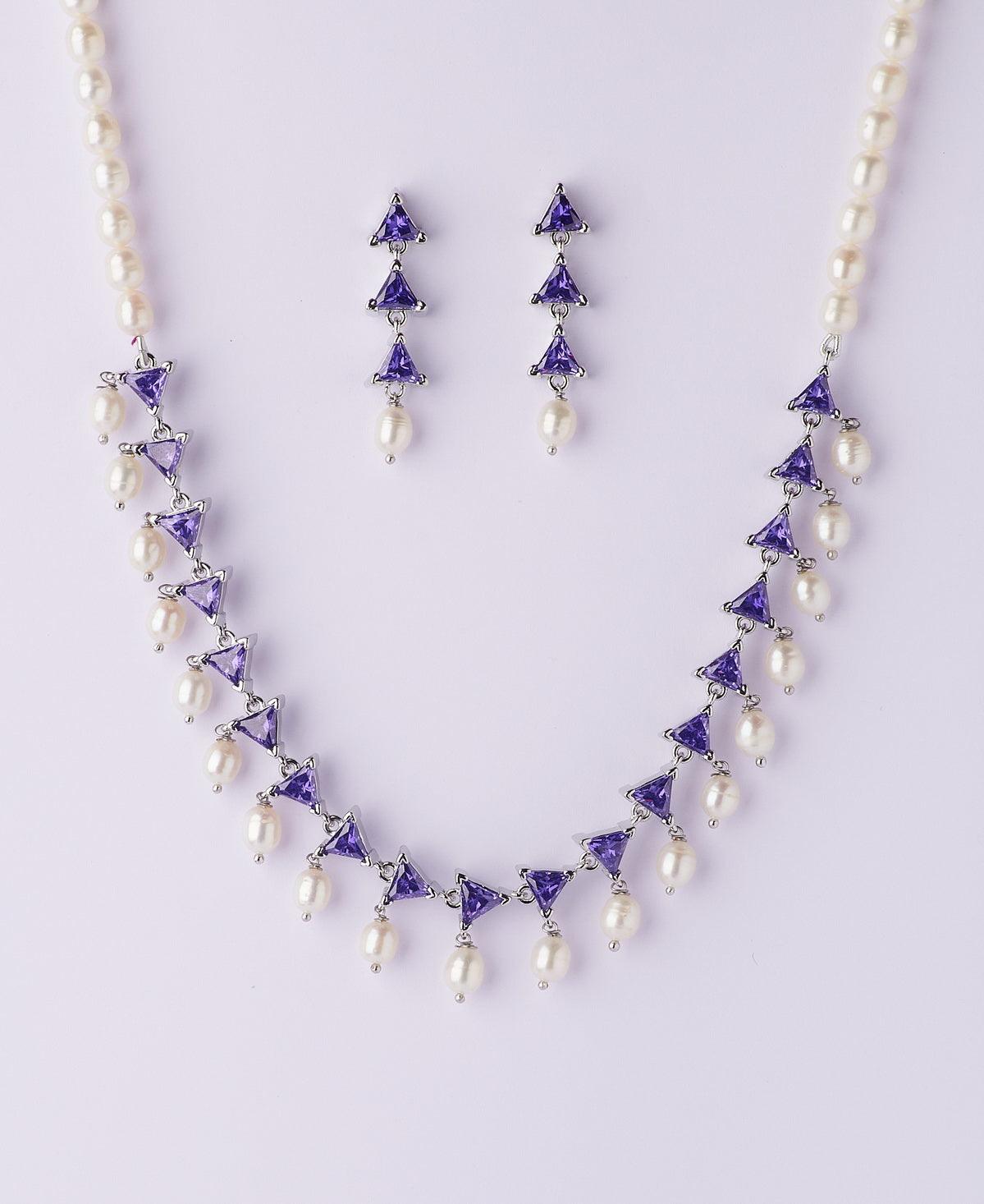 Pretty Tricon Stone Studded Pearl Necklace Set - Chandrani Pearls