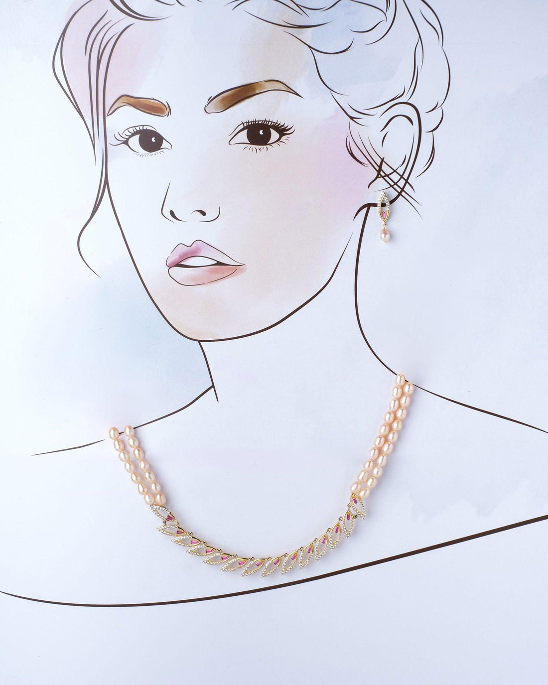Quint Linear CZ Pendant Pearl Necklace Set - Chandrani Pearls