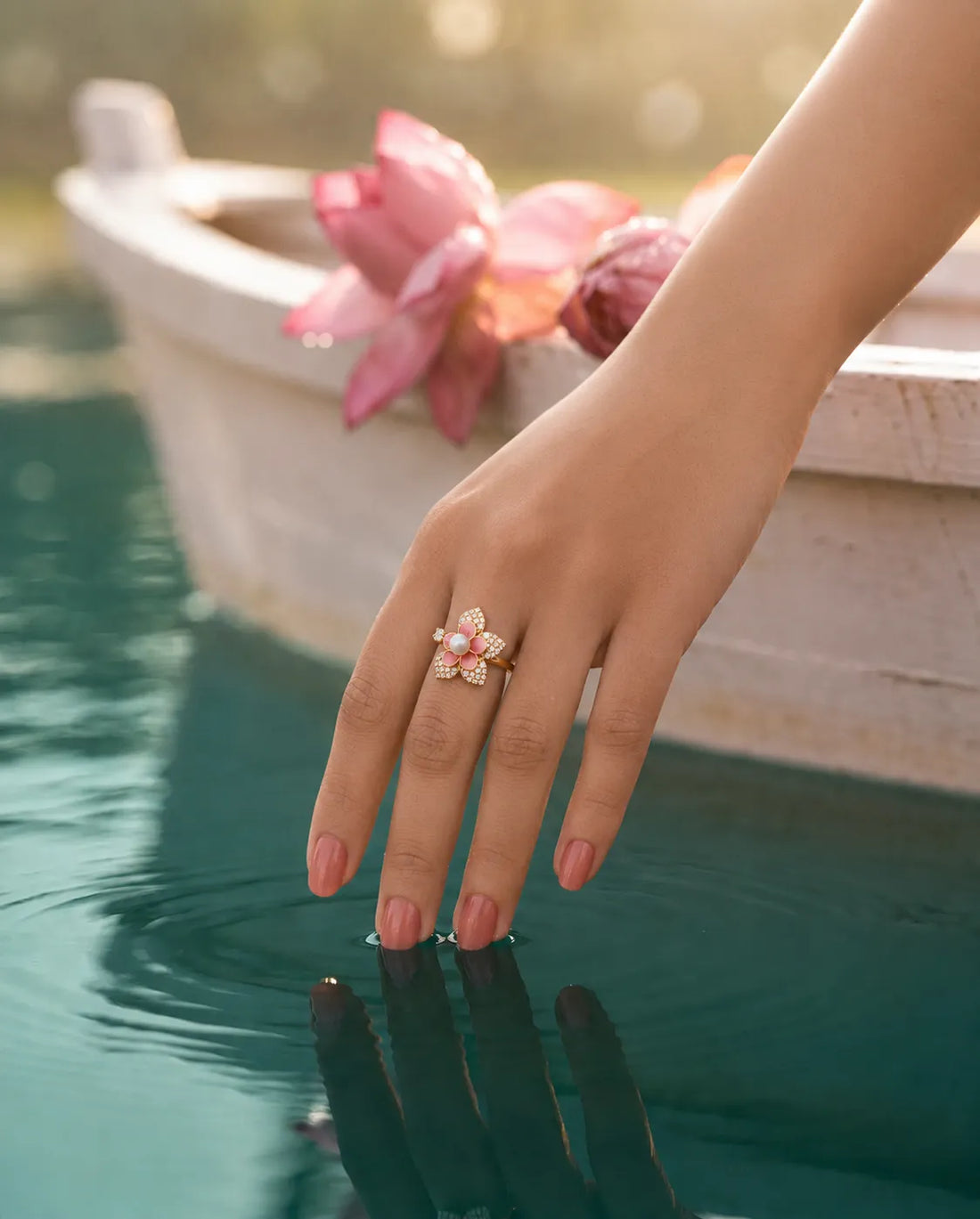 Pink Enamel Lotus CZ & Pearl Adjustable Ring