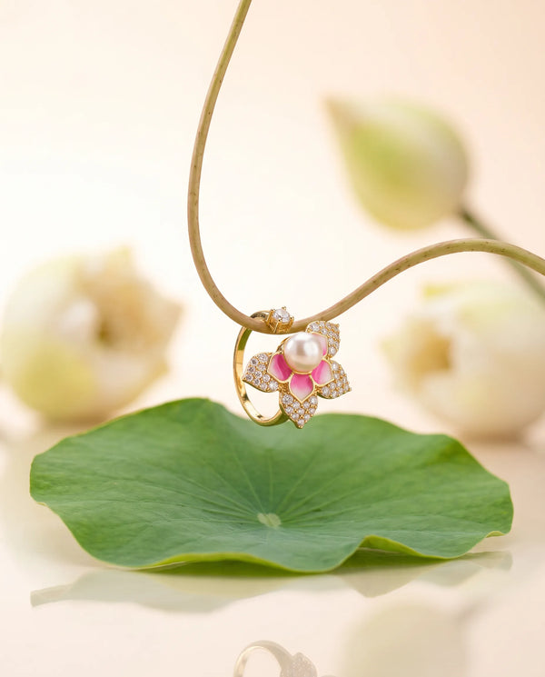 Pink Enamel Lotus CZ & Pearl Adjustable Ring