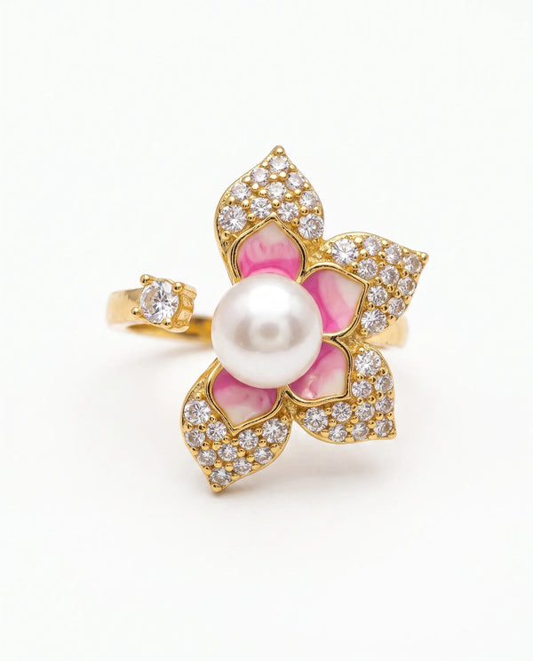 Pink Enamel Lotus CZ & Pearl Adjustable Ring
