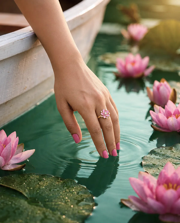 Pink Enamel Lotus CZ Adjustable Ring