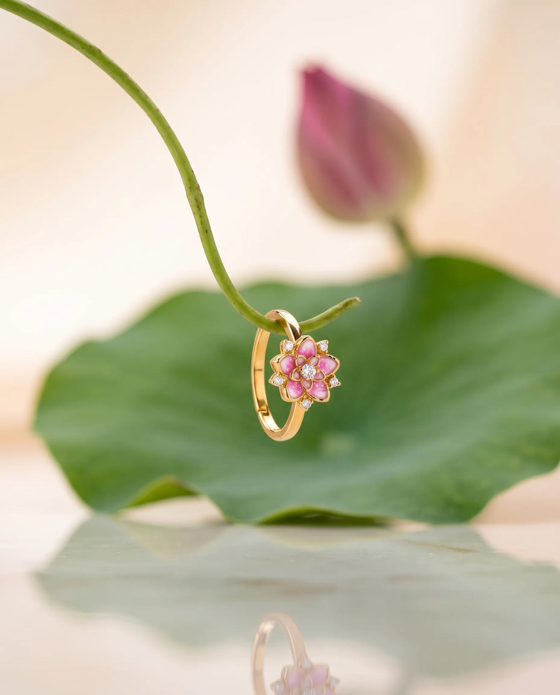 Pink Enamel Lotus CZ Adjustable Ring