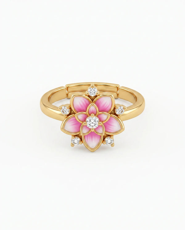 Pink Enamel Lotus CZ Adjustable Ring