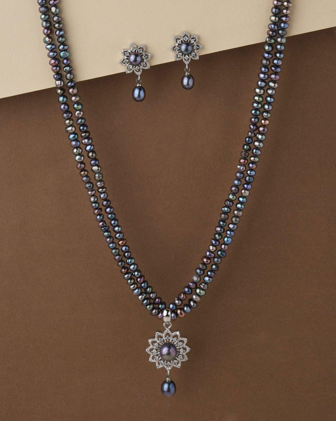 Radiant Floral Black Pearl Necklace Set - Chandrani Pearls