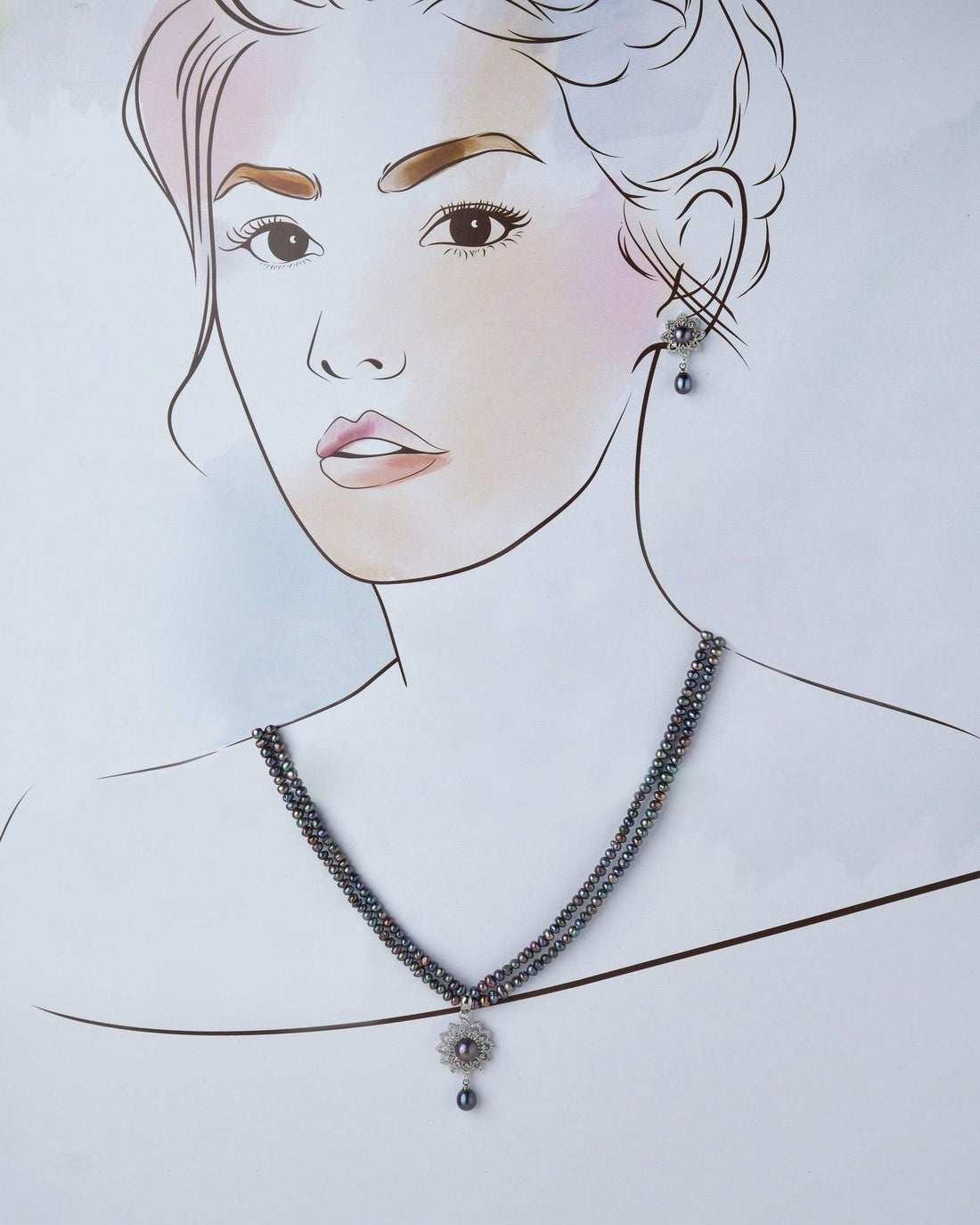Radiant Floral Black Pearl Necklace Set - Chandrani Pearls