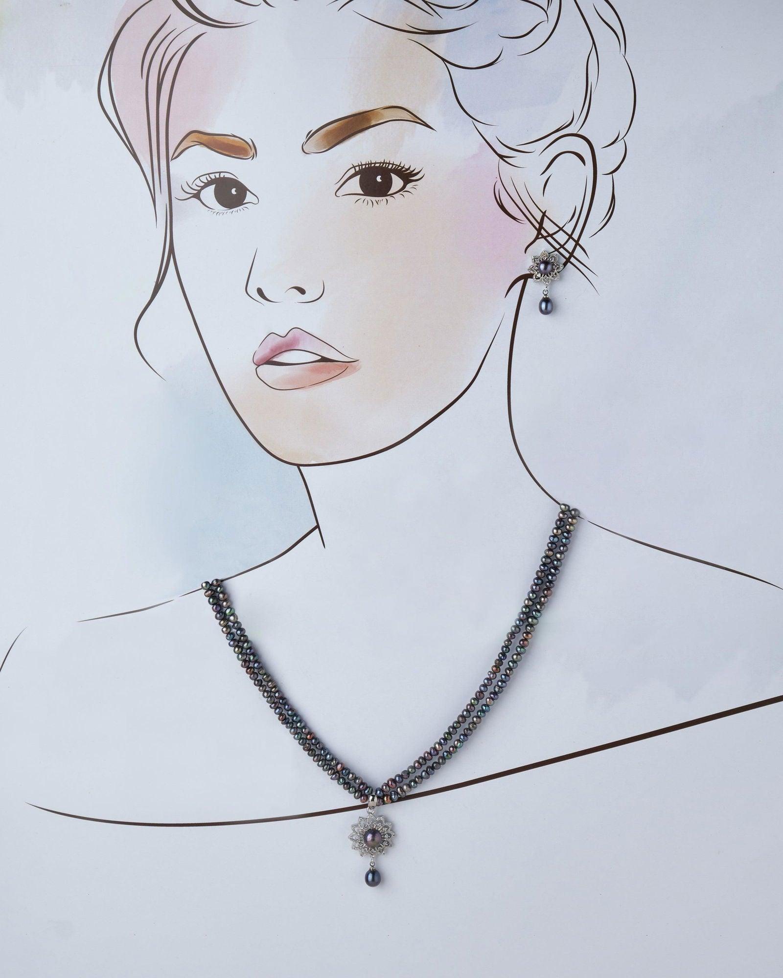 Radiant Floral Black Pearl Necklace Set - Chandrani Pearls
