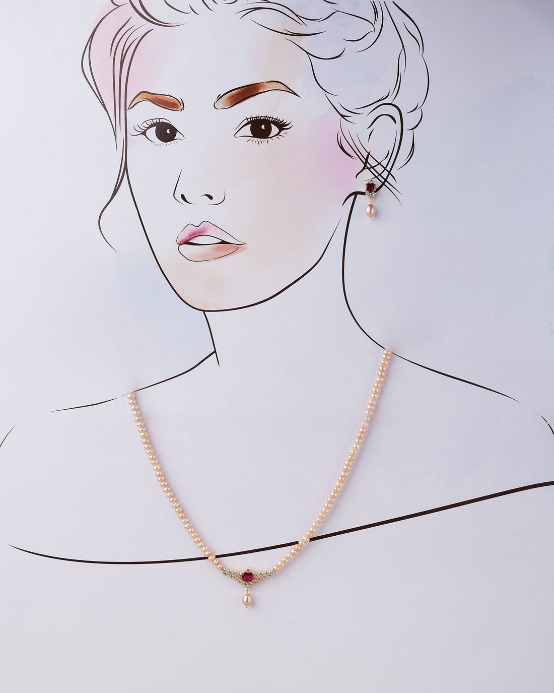Rose Gold Pearl Necklace With Red Stone Set - Chandrani Pearls
