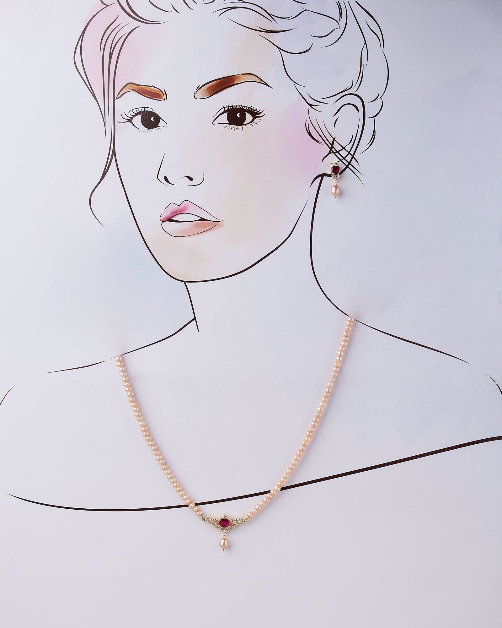Rose Gold Pearl Necklace With Red Stone Set - Chandrani Pearls