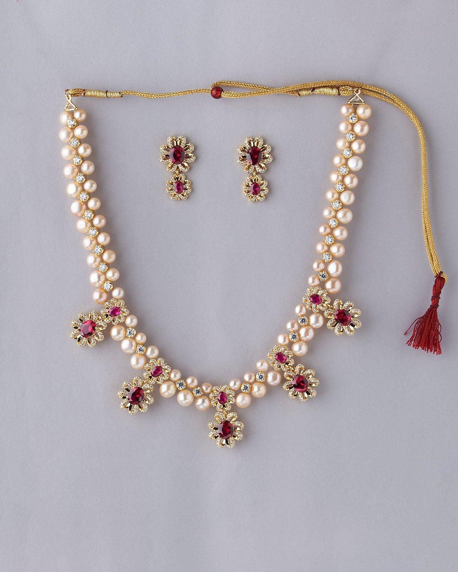 Rose Gold Pearl and Red Stone Necklace Set - Chandrani Pearls
