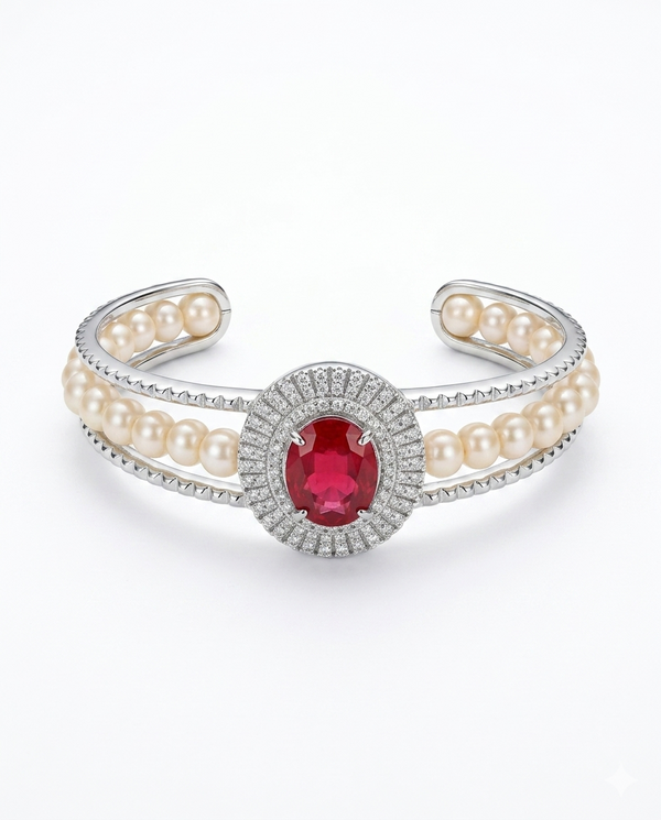 Royal Oval Ruby & Pearl Cuff Bracelet
