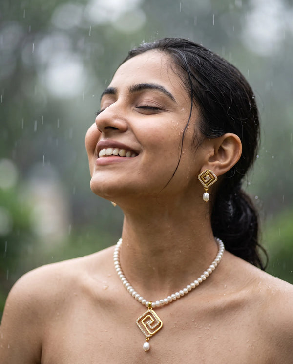 Geometric CZ Pearl Strand Necklace Set