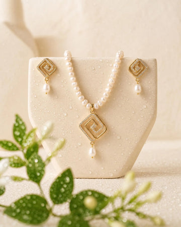 Geometric CZ Pearl Strand Necklace Set