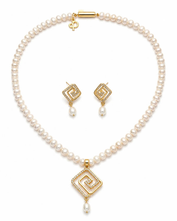 Geometric CZ Pearl Strand Necklace Set