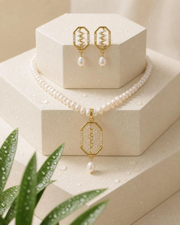 Gold Plated Zig-Zag CZ Pearl Strand Necklace Set