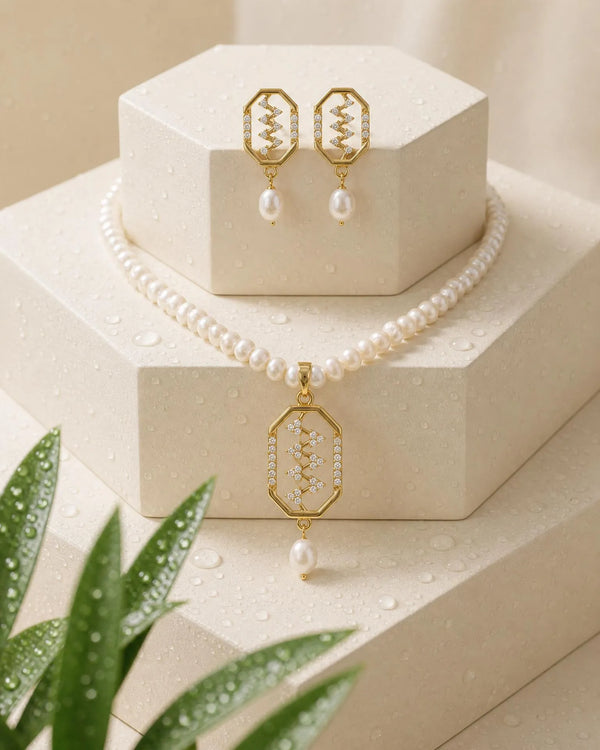 Gold Plated Zig-Zag CZ Pearl Strand Necklace Set