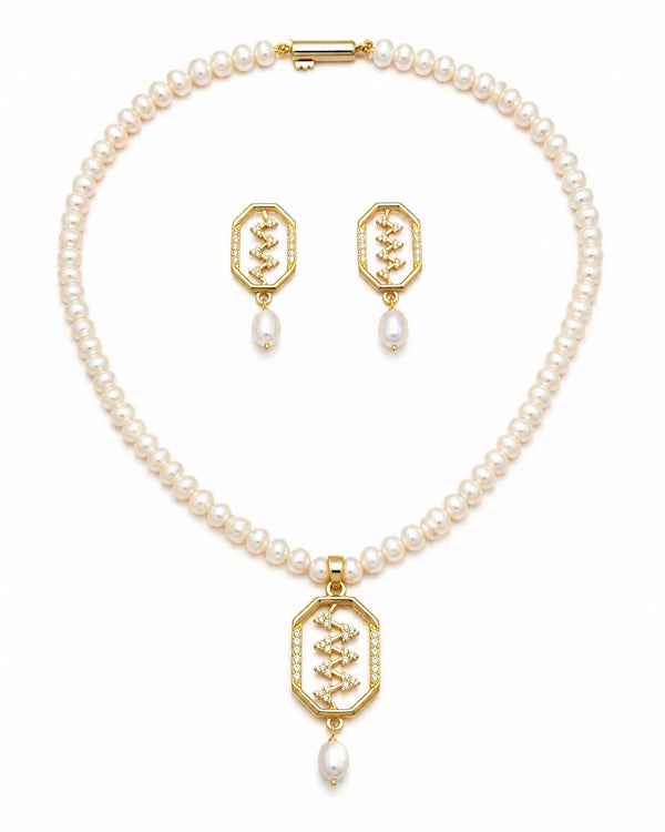Gold Plated Zig-Zag CZ Pearl Strand Necklace Set