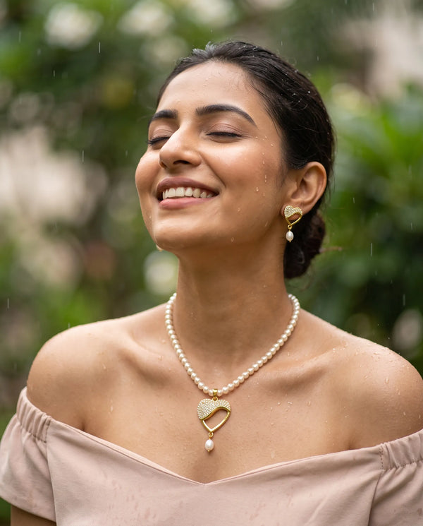 Open Heart CZ Pearl Strand Necklace Set