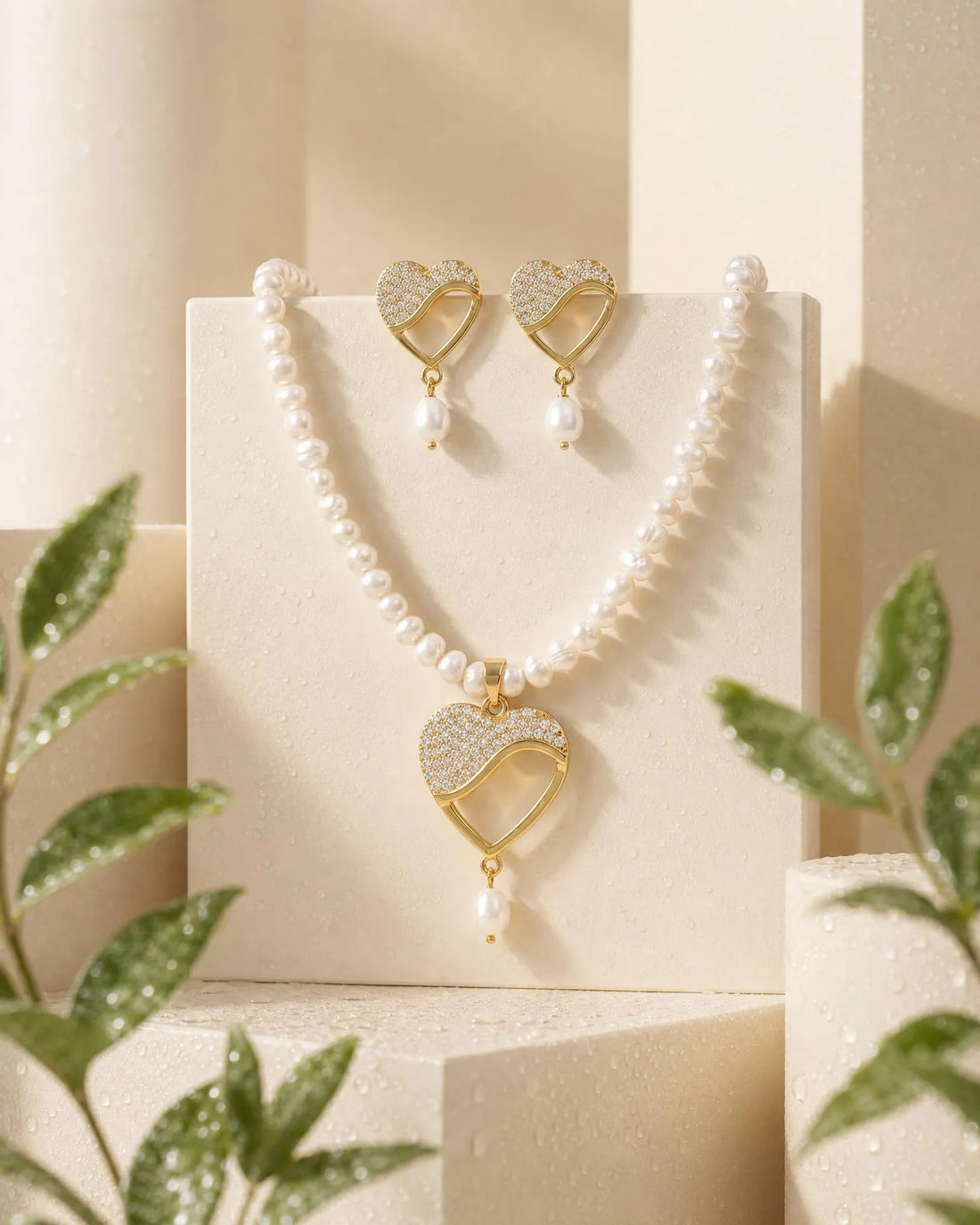 Open Heart CZ Pearl Strand Necklace Set