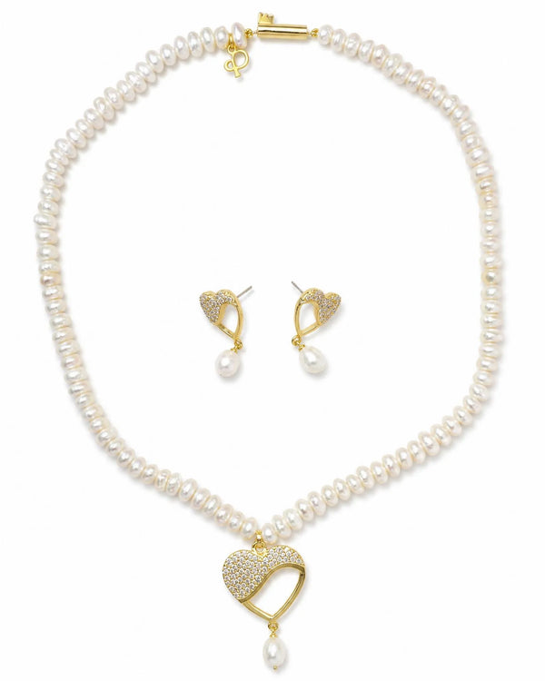 Open Heart CZ Pearl Strand Necklace Set