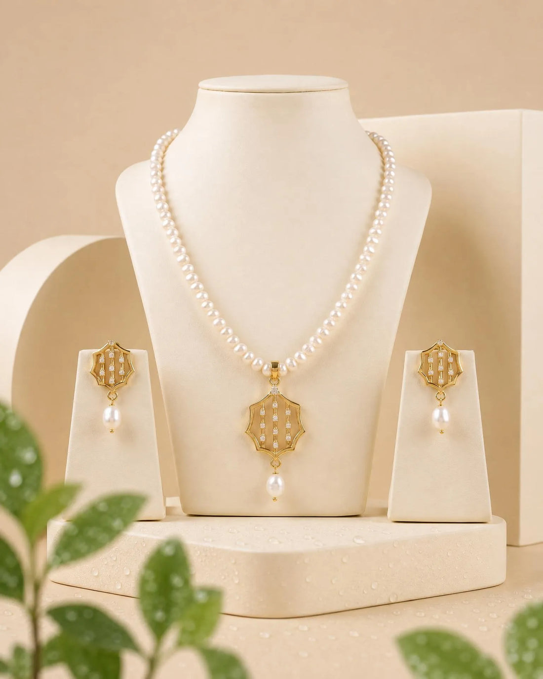 Lattice CZ Pearl Strand Necklace Set