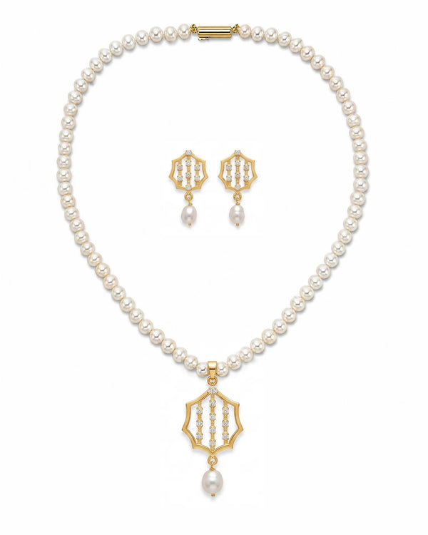 Lattice CZ Pearl Strand Necklace Set