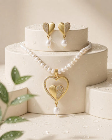Dual Heart CZ Pearl Strand Necklace Set