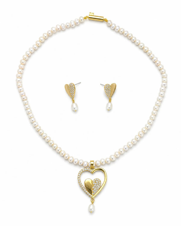 Dual Heart CZ Pearl Strand Necklace Set