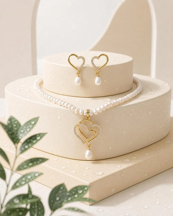 Intertwined Double Heart CZ Pearl Strand Necklace Set
