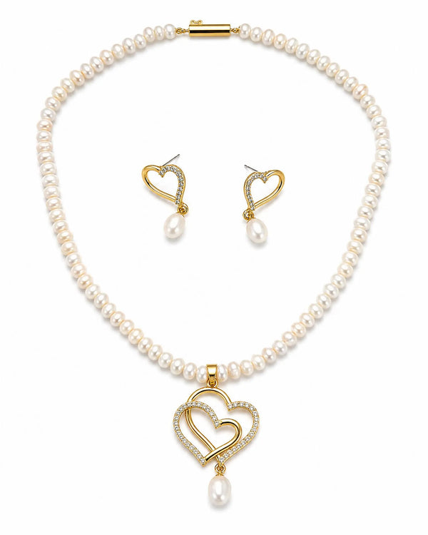 Intertwined Double Heart CZ Pearl Strand Necklace Set