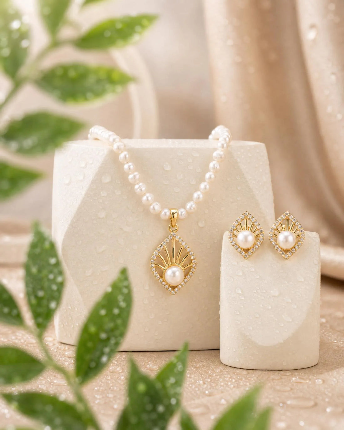 Art Deco Sunburst CZ Pearl Strand Necklace Set
