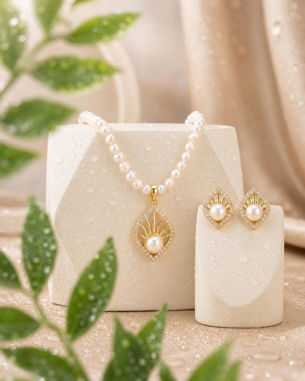 Art Deco Sunburst CZ Pearl Strand Necklace Set