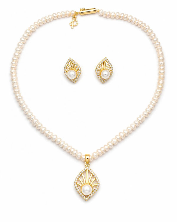 Art Deco Sunburst CZ Pearl Strand Necklace Set