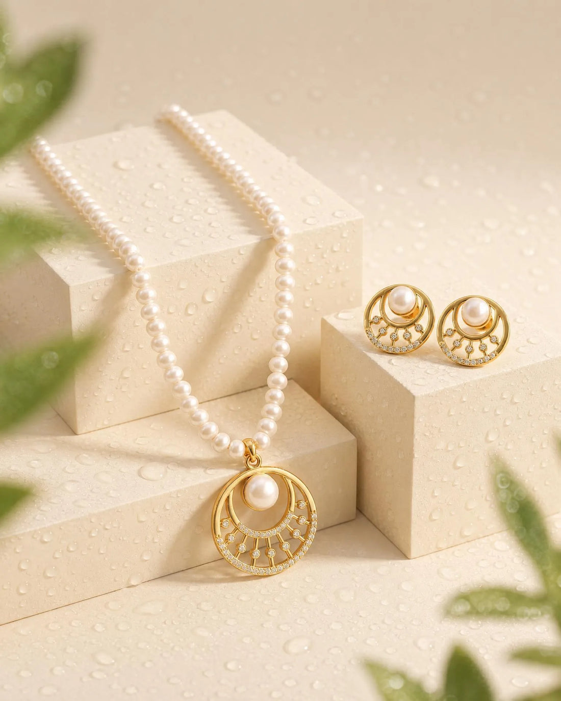 Eclipse Crescent Pearl Strand Necklace & Earring Set