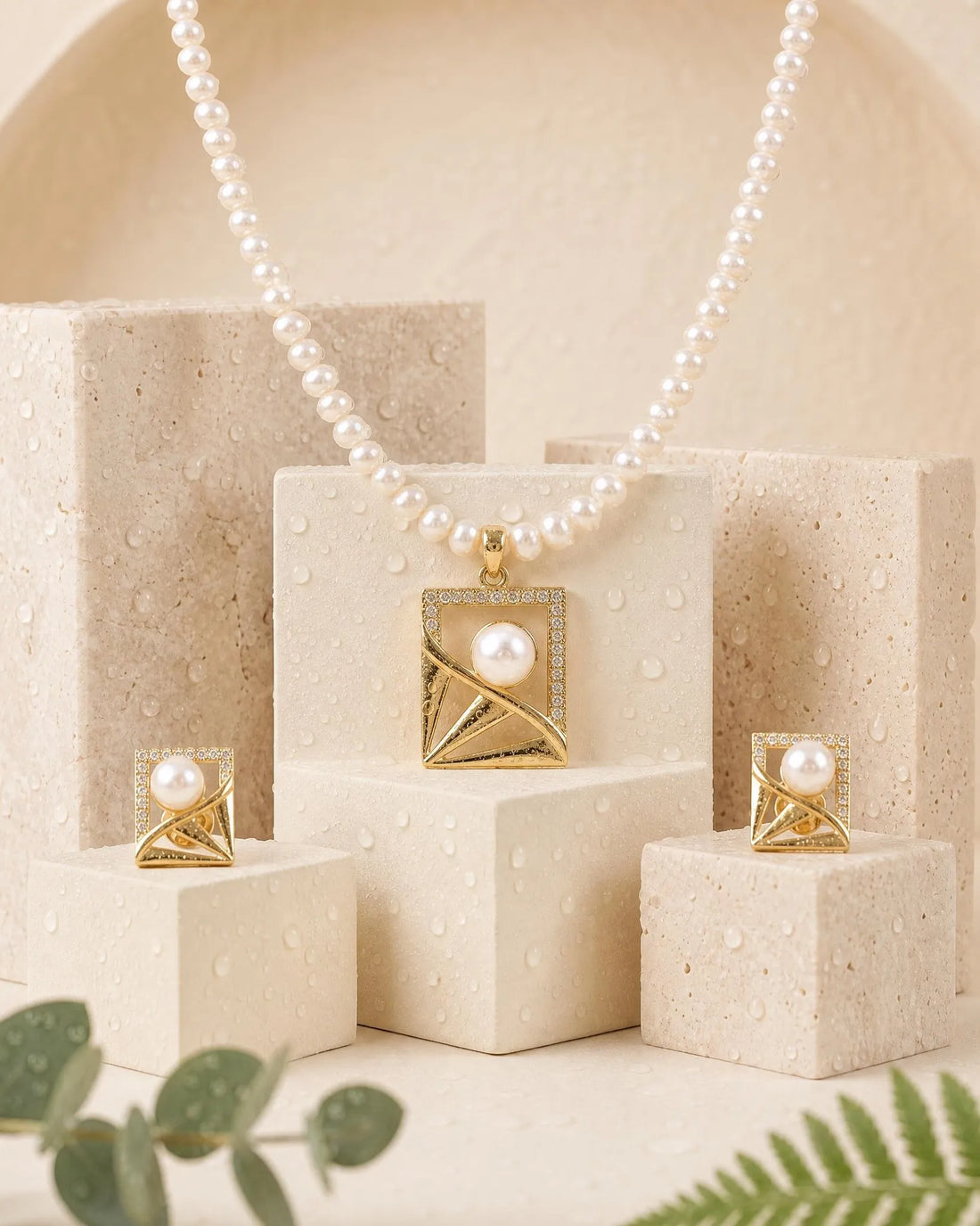 Abstract Geometric Frame Pearl Strand Necklace & Earring Set