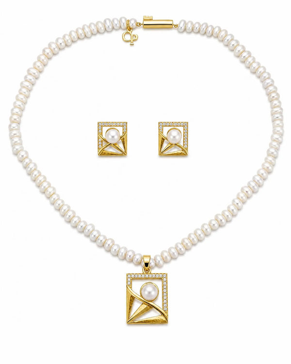 Abstract Geometric Frame Pearl Strand Necklace & Earring Set