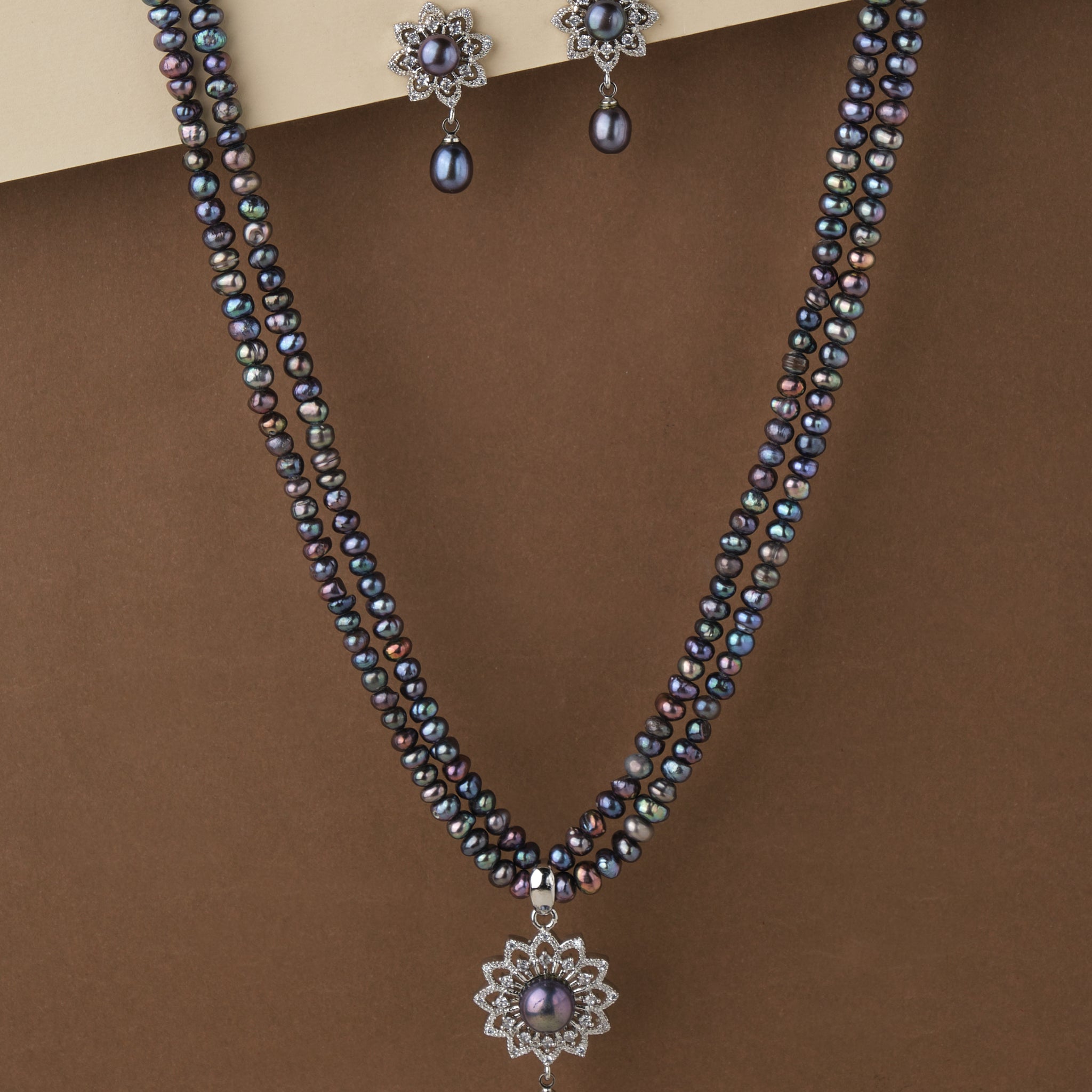 Radiant Floral Black Pearl Necklace Set